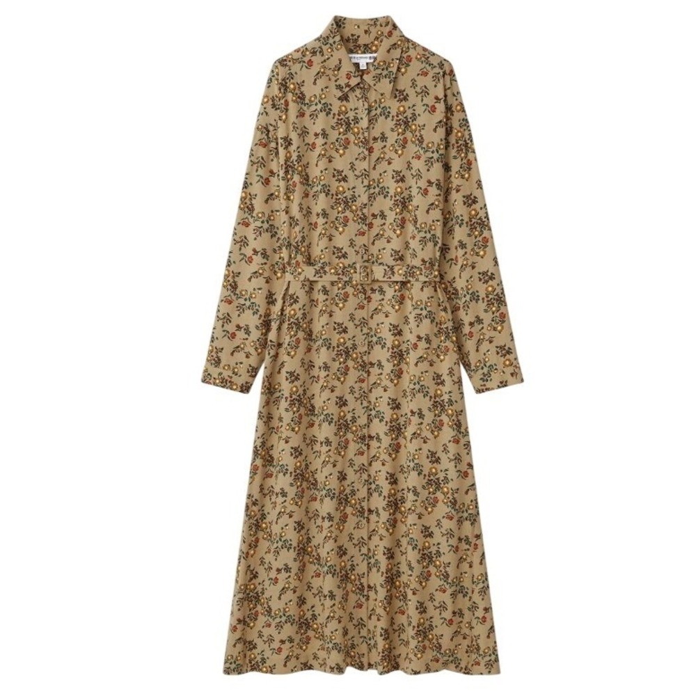 Ines de la Fressange Uniqlo Floral Belted Maxi Shirt Dress Tan L French
